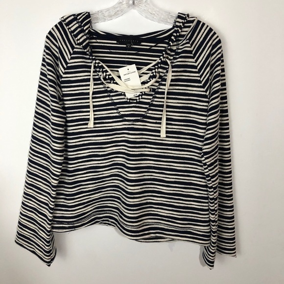 Sanctuary Textured Stripe Hoodie Small NWT Navy Cream Lace-Up Pullover - Picture 2 of 7
